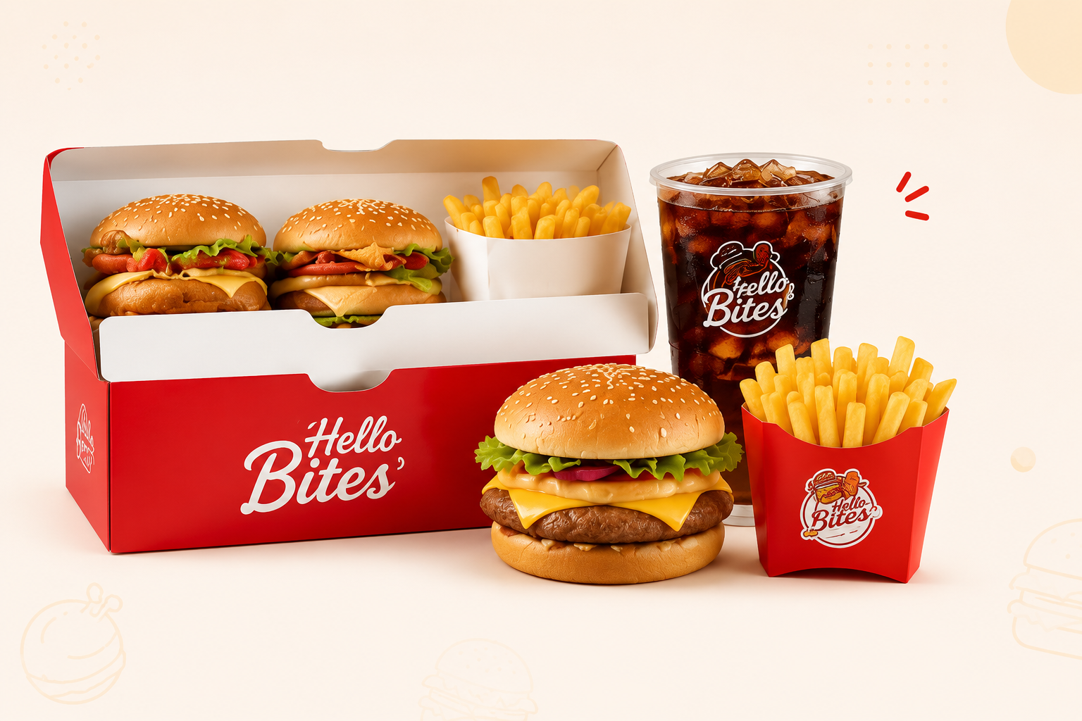 Hello Bites burgers, fries and drinks for bulk orders