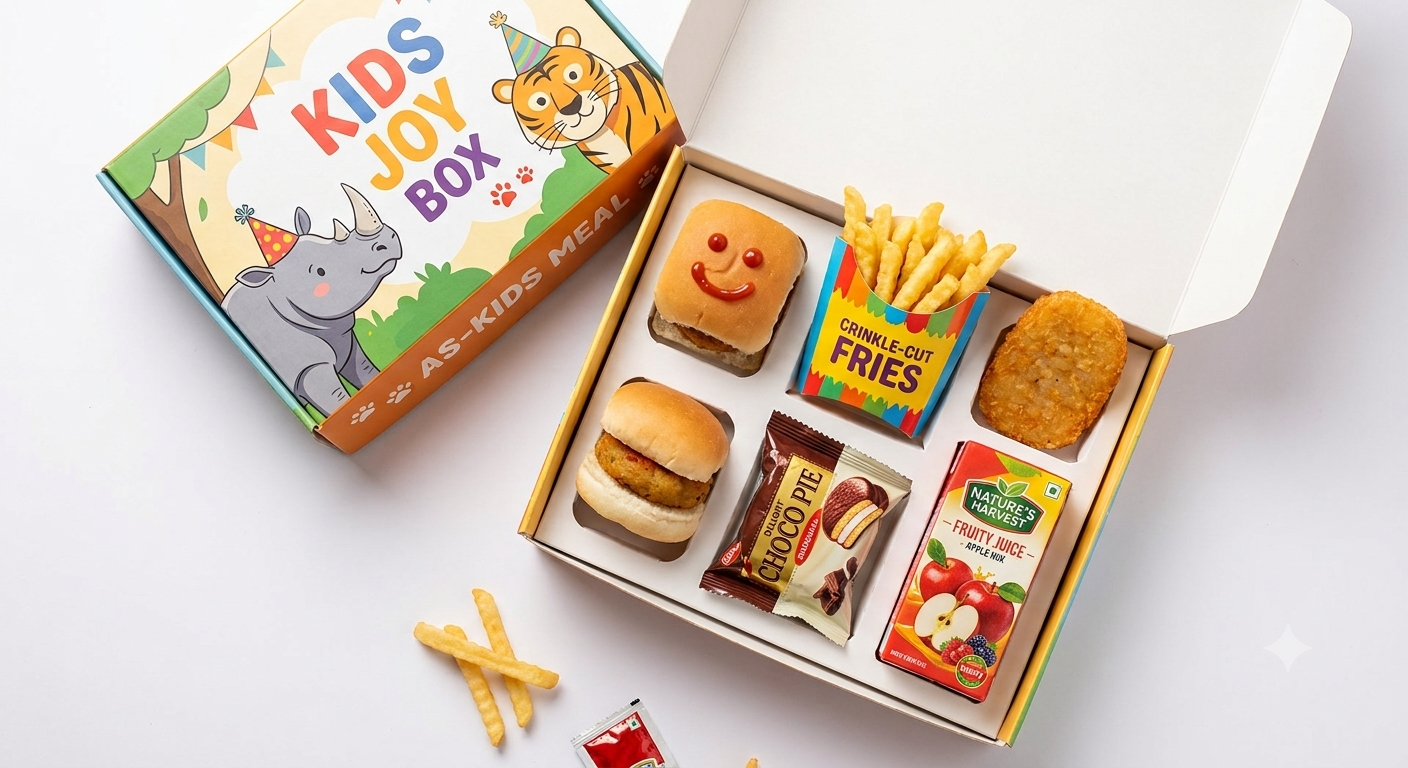 Kids Meal Box - Aloo Tikki Burger + Fries + Choco Pie + Hashbrown + Fruity